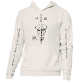 White hoodie with black graphics and text on a white background