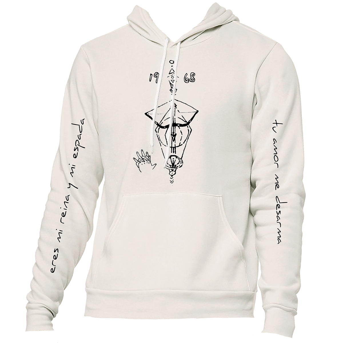 White hoodie with black graphics and text on a white background